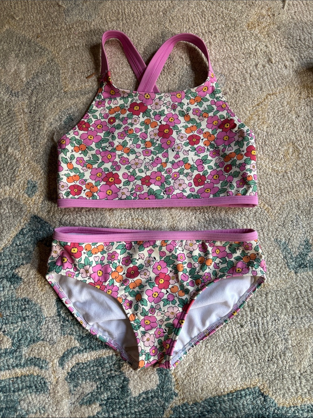 Mini Boden Pink and Orange Floral Two-Piece Swim Set
